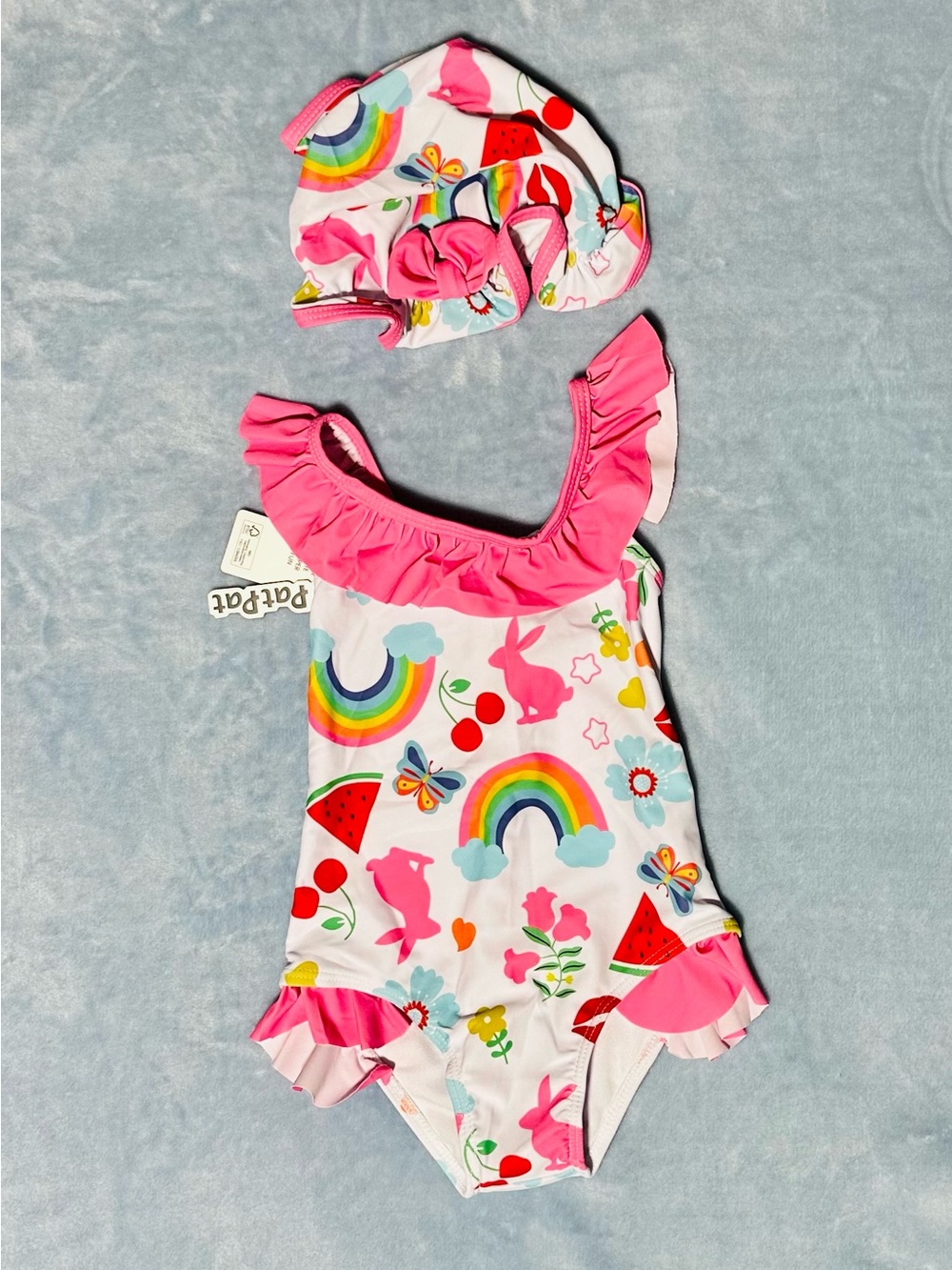 Baby Rainbow Bunny Watermelon One Piece Swimsuit Hat Set Size: 2Y